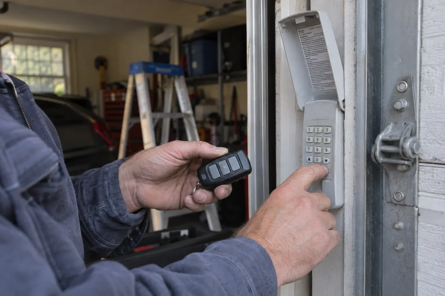 Hand pressing a button on a gray keypad with its cover open beside a garage door, the other holding a black remote.