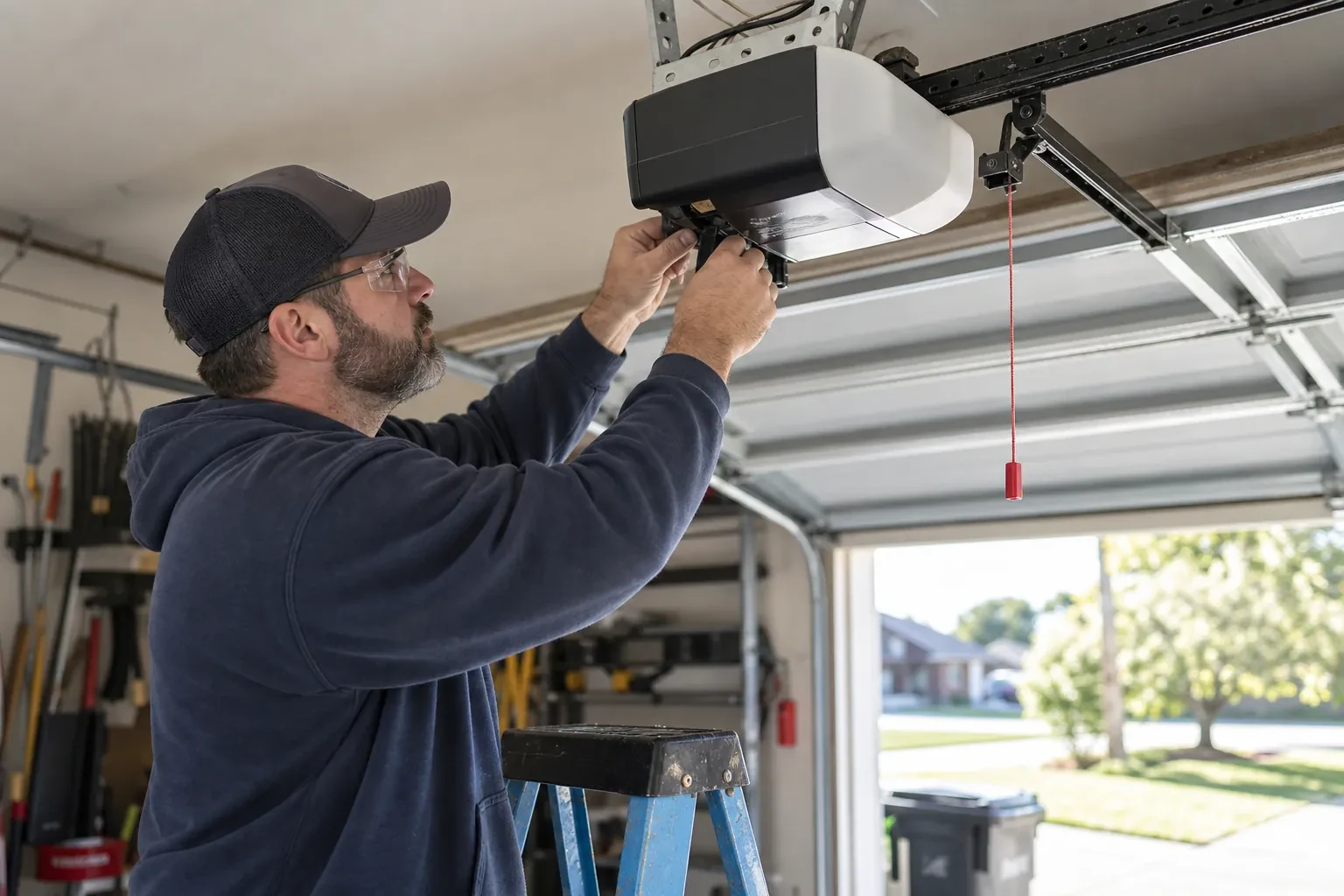 Technician at a blue ladder working under a black and white opener, with a red pull cord hanging beside it.