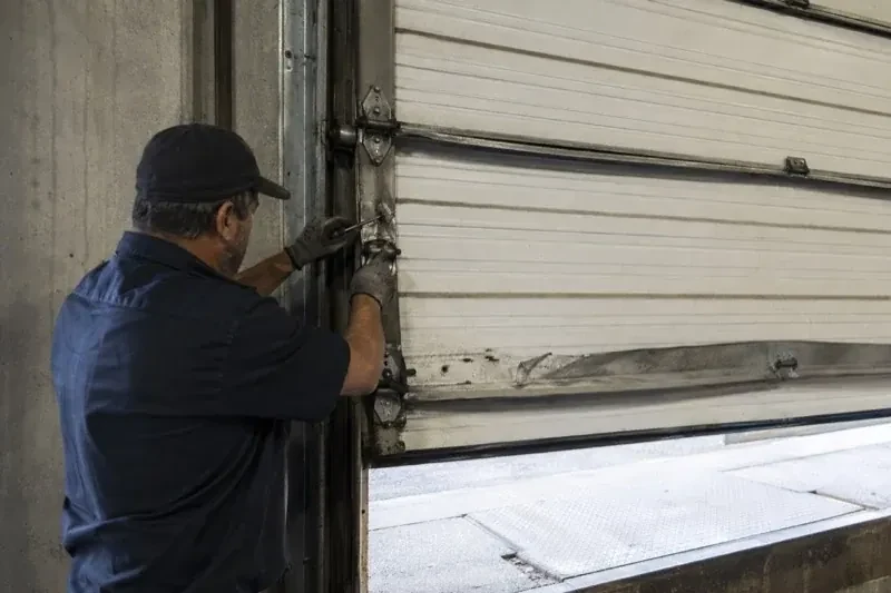 Person holding tools at the side hinge of a partly raised industrial sectional door — Commercial Sectional Door Repair, Toronto